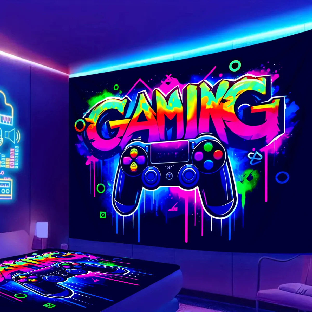 VIKAMA – tapisserie néon de jeu avec poignée éblouissante, décoration de salle de jeu pour chambre à coucher, mur de fond en direct