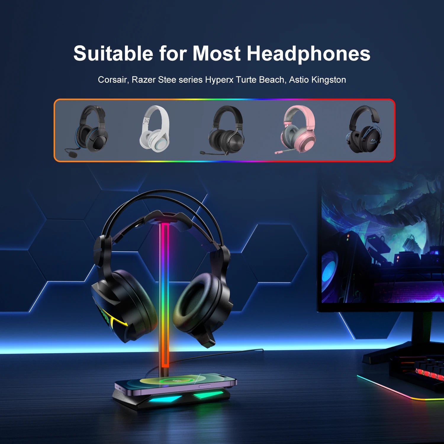 Support Casque Gaming RGB New Bee Z12 – Chargeur Sans Fil + 3 Ports USB, Aluminium