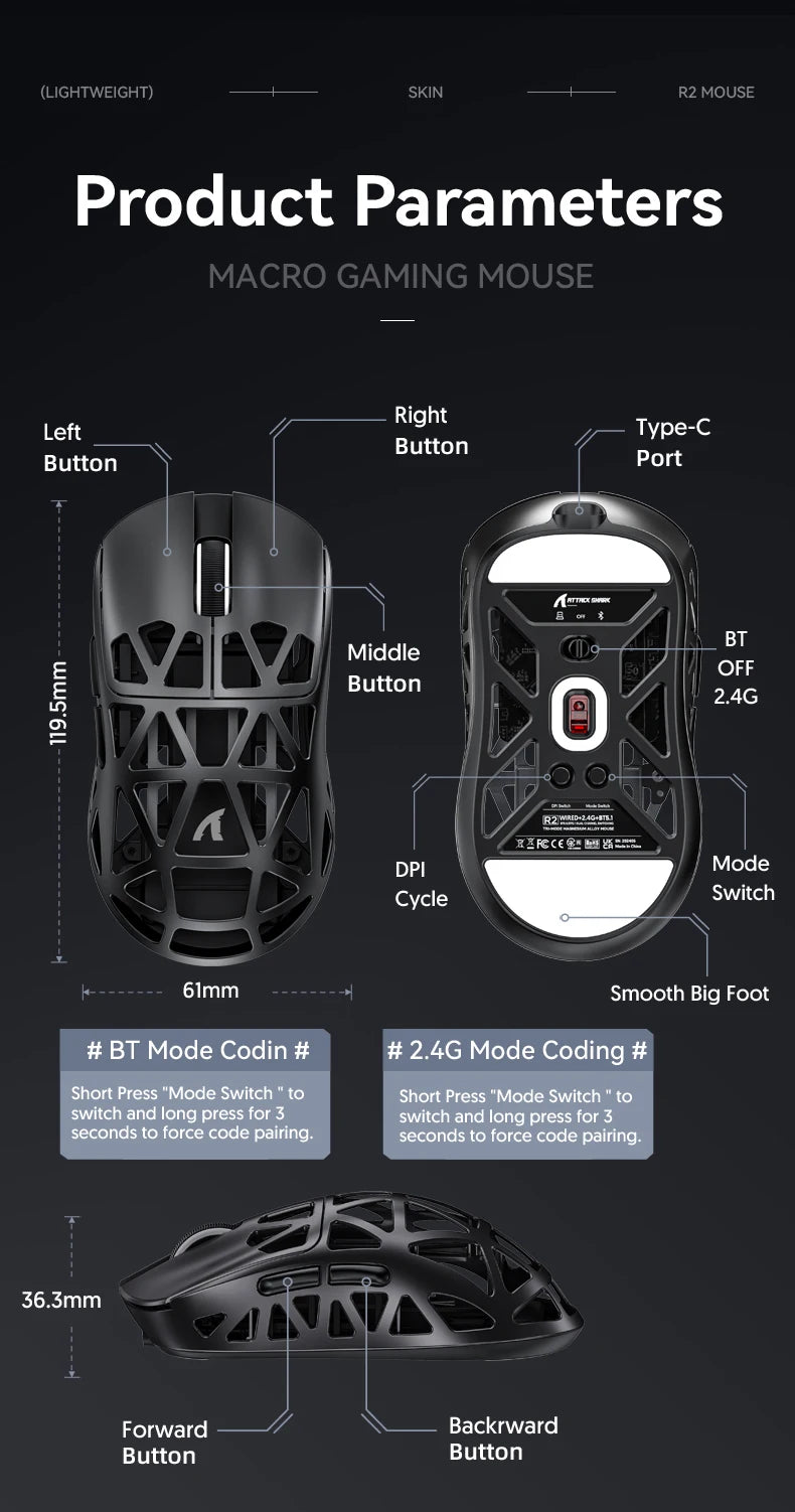 Souris Gaming Attack Shark R2 (Sans Fil)