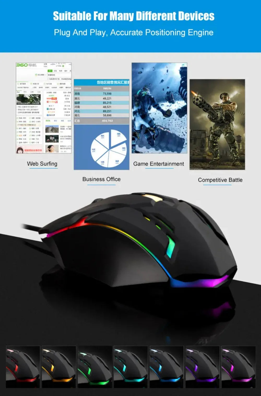 Souris de jeu LED, conception ergonomique, lumineuse, filaire, USB, 4 boutons, rétroéclairée, pour PC de bureau et ordinateurs portables
