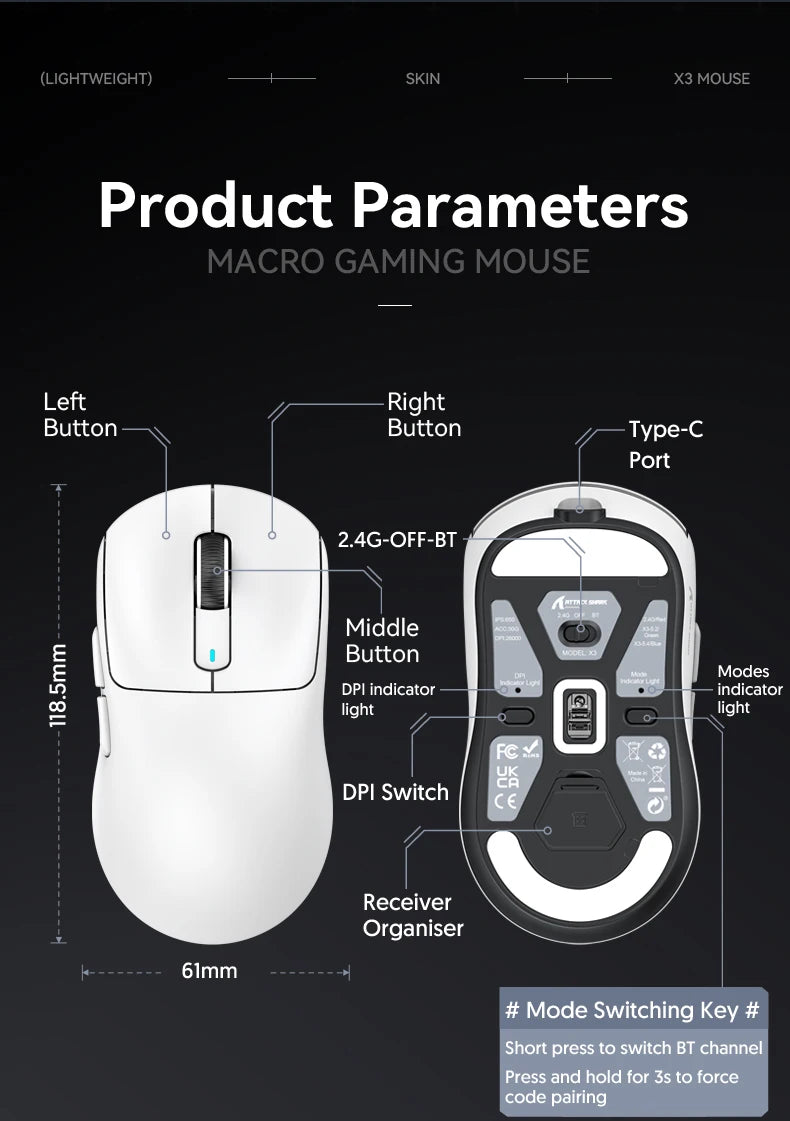 Attack Shark X3 / X3 Pro – Souris Gaming Sans Fil Pixart 3395 | 26 000 DPI | 49g