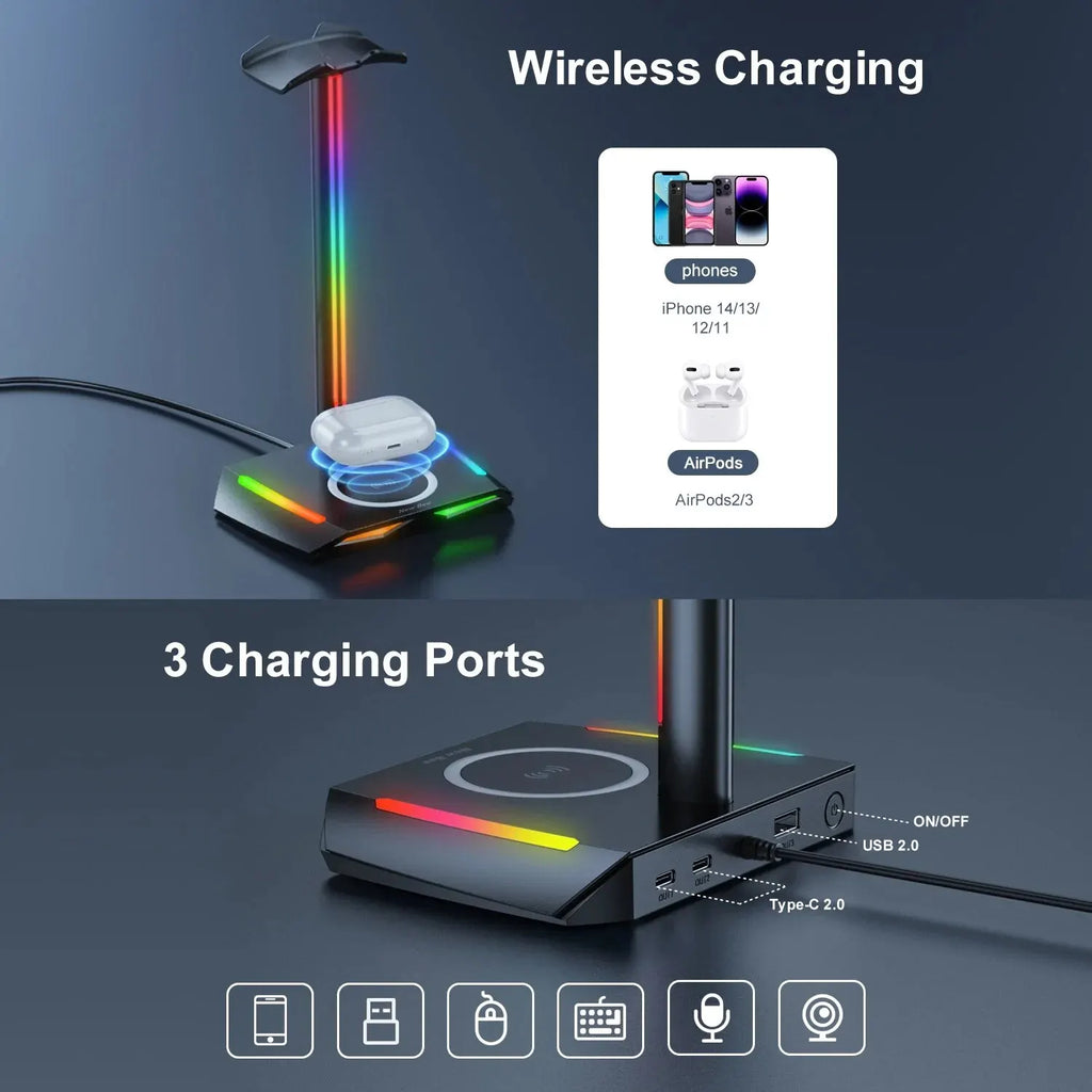 Support Casque Gaming RGB New Bee Z12 – Chargeur Sans Fil + 3 Ports USB, Aluminium
