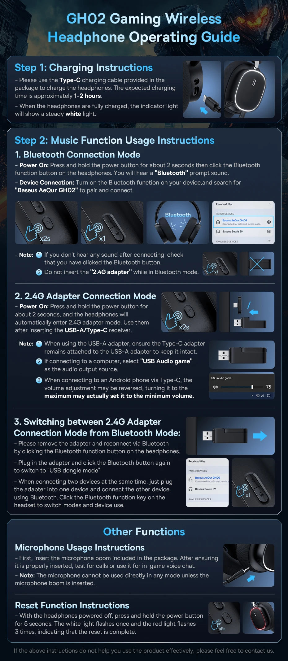 Casque Gaming Sans Fil Baseus GH02 – Bluetooth 5.3, 2.4G, 40H Autonomie, RGB, Micro