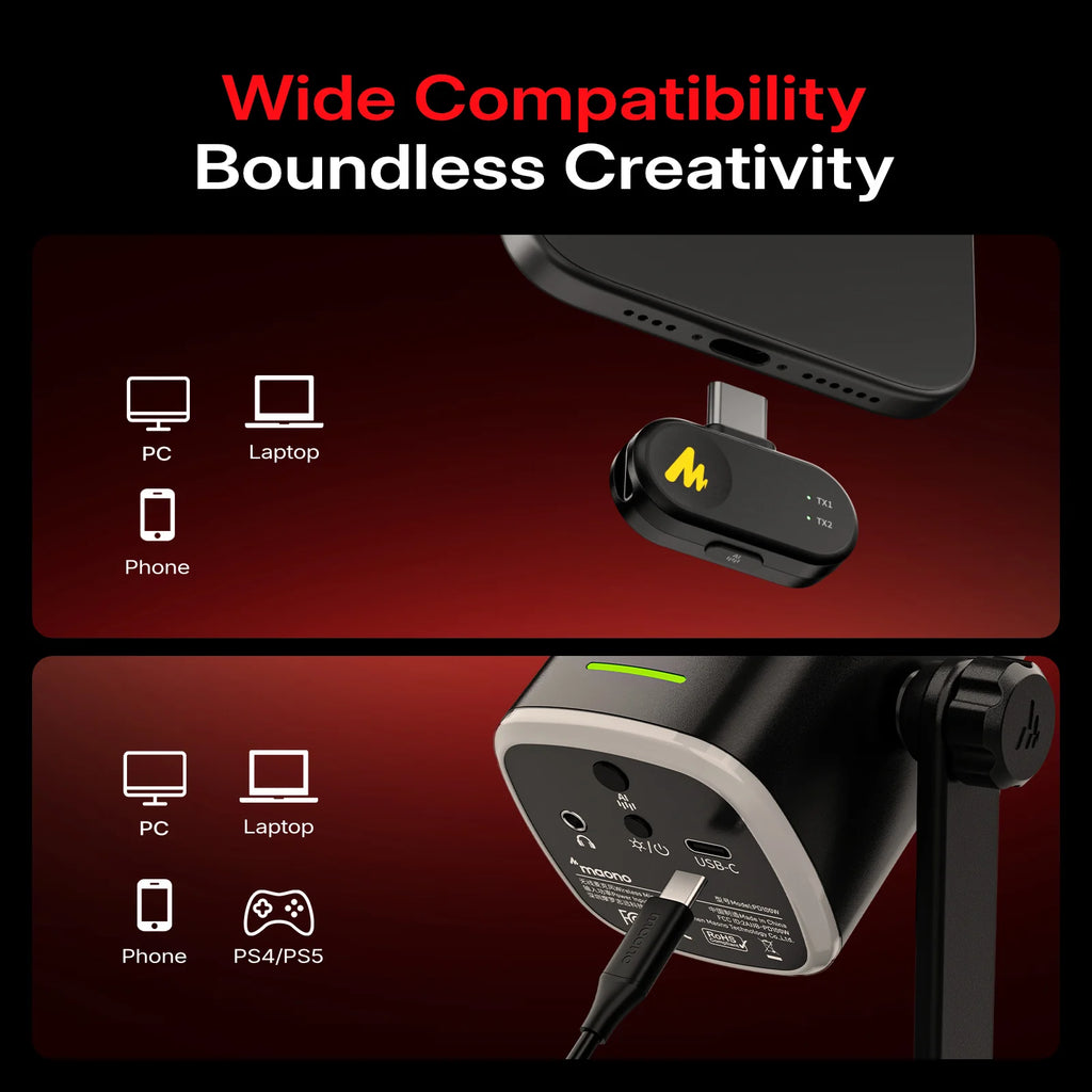 MAONO PD100W - Microphone Dynamique Sans Fil pour Streaming et Gaming