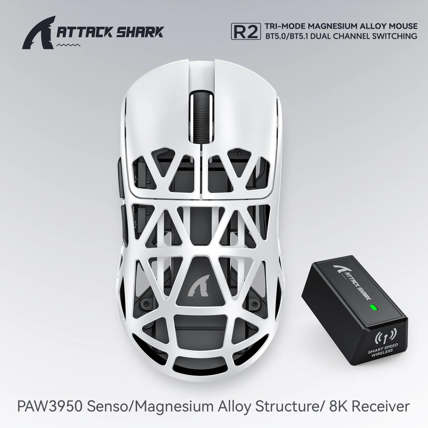 Attaque Shark R2 souris de jeu sans fil PAW3950 8K alliage de magnésium souris de jeu légère Bluetooth Tri-Mode pour les jeux/bureau