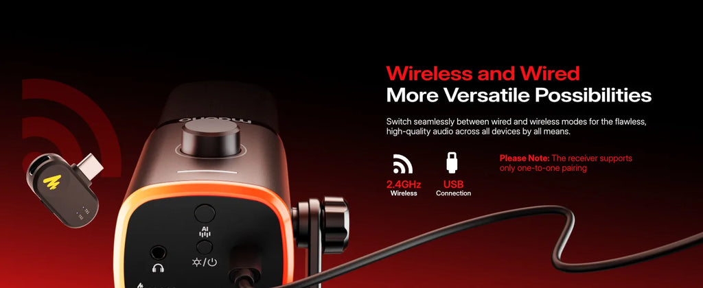 MAONO PD100W - Microphone Dynamique Sans Fil pour Streaming et Gaming