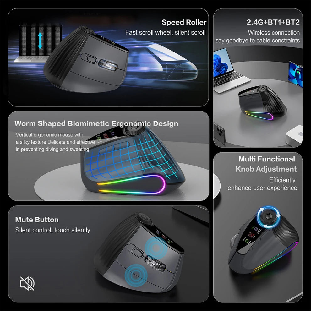 Souris Ergonomique Sans Fil RGB – Bluetooth 5.2 & 2.4G, DPI 4800, Rechargeable USB-C