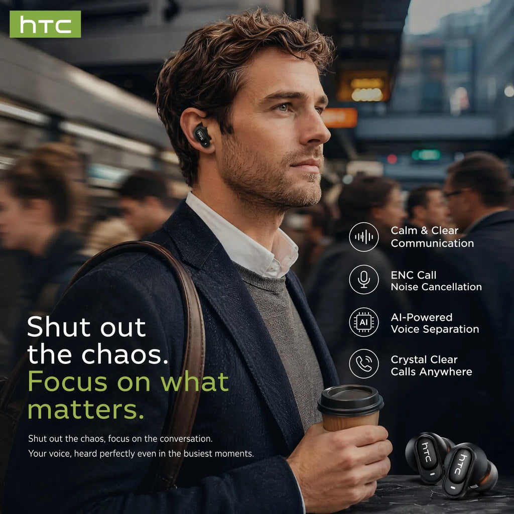 Écouteurs Bluetooth HTC avec traduction IA et boîtier tactile
