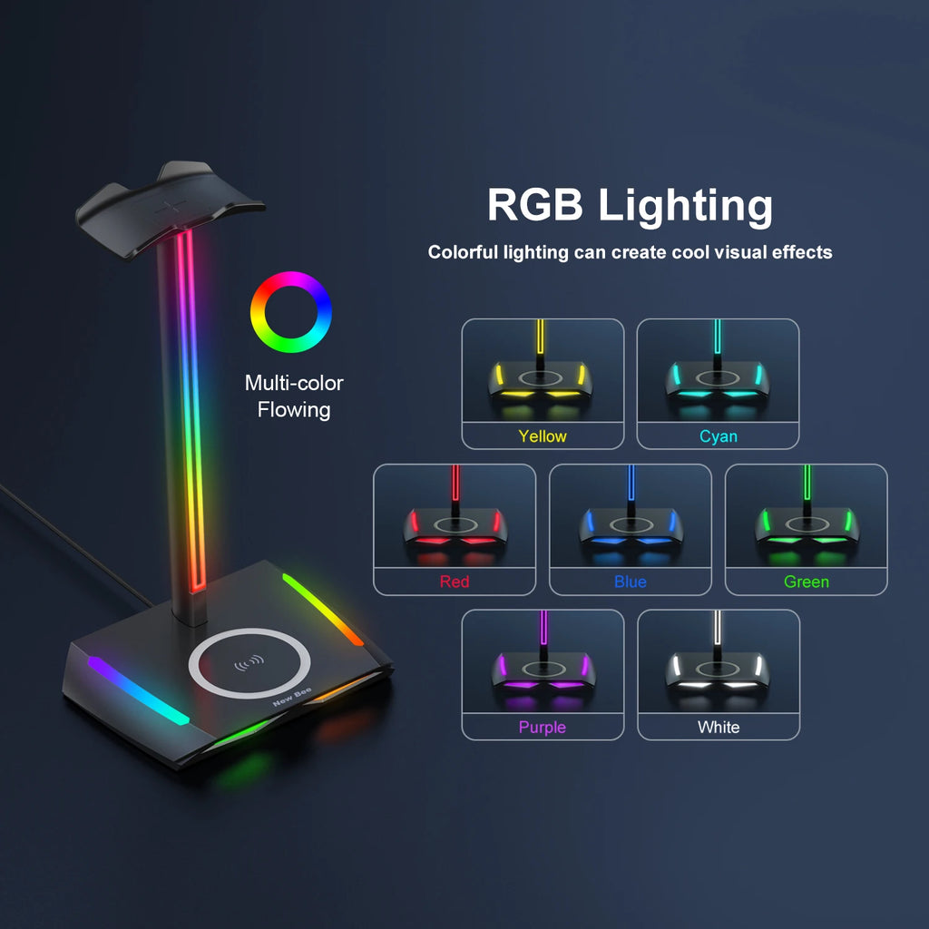 Support Casque Gaming RGB New Bee Z12 – Chargeur Sans Fil + 3 Ports USB, Aluminium
