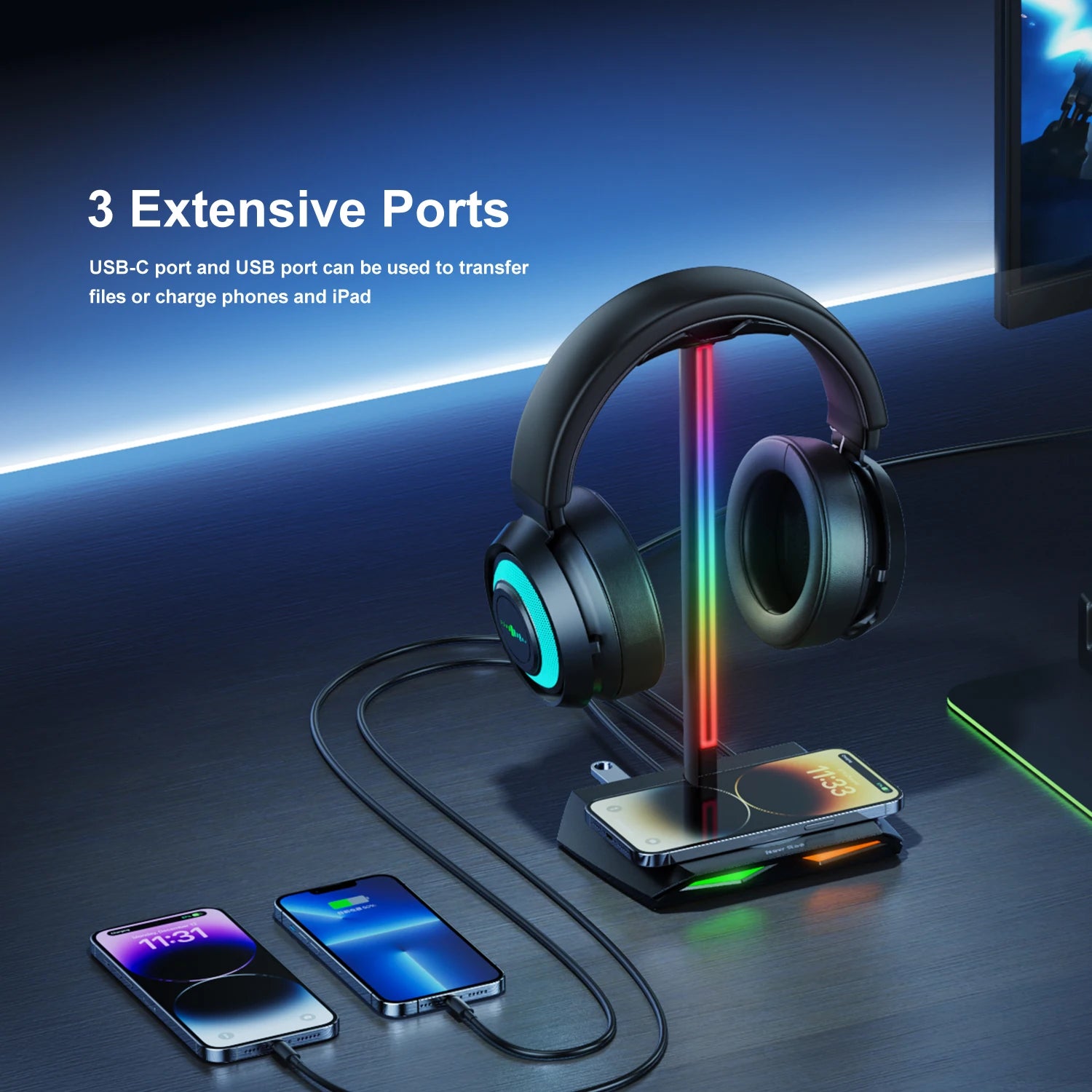 Support Casque Gaming RGB New Bee Z12 – Chargeur Sans Fil + 3 Ports USB, Aluminium